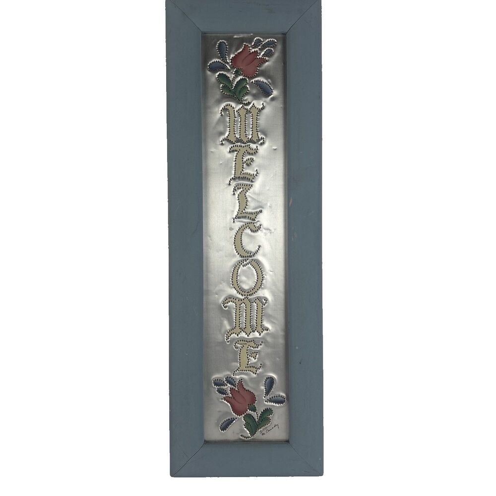 Tin Hole Punched Welcome Sign Kitchy Vintage Blue Frame Tulips